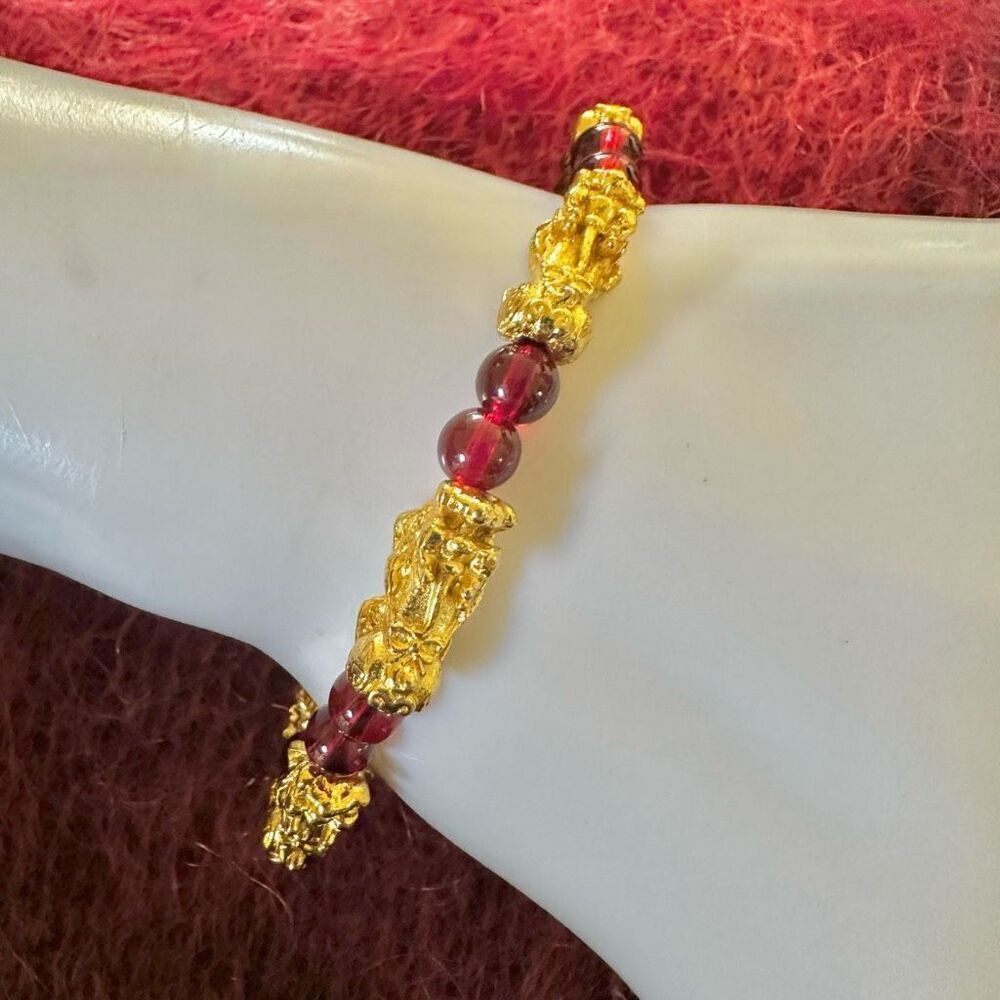 Gold tone red  beaded dragon stretchy bracelet